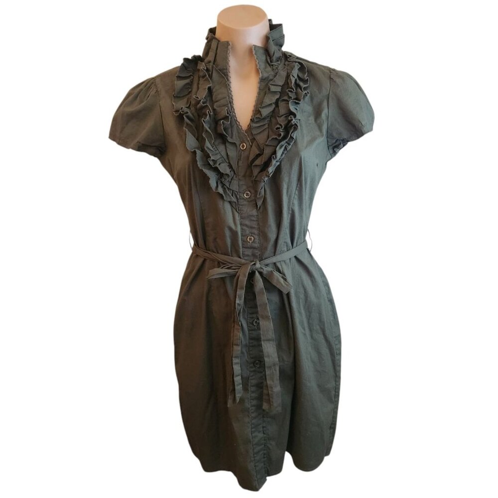 Y2K Vintage Ruffle Button Down Mini Belted Shirt Dress Army Green Jrs Medium